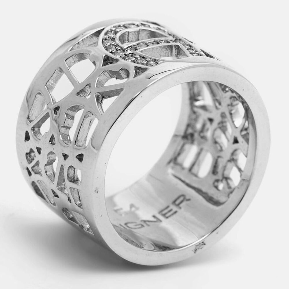 Aigner Logo Crystals Silver Tone Ring Size 54
